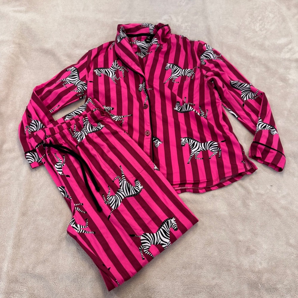 Room Service Pink Zebra Stripe Pajama Set Luxury Soft Lounge Whimsy Stripe Sz L - Picture 13 of 14